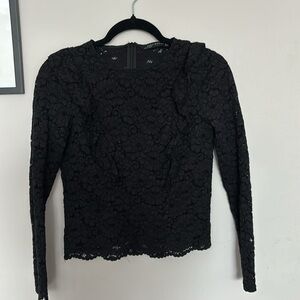 Zara black lace long sleeve top with ruffle details and back zipper size XS